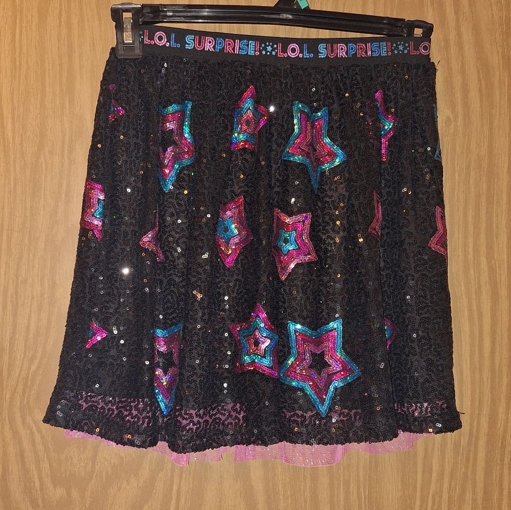 NWT LOL Surprise Skirt Youth Girls,  Black Pink Sequin Stars Tiered Lined